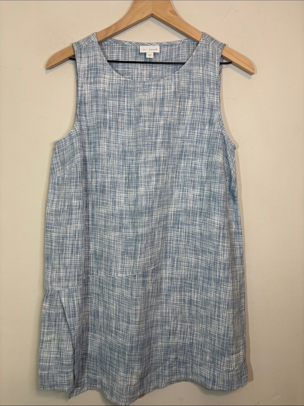 100% Linen Blue and White Woven Faux Wrap Side Slit Hem Sleeveless Tunic Dress